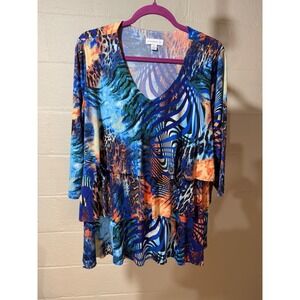 Susan Graver 1X V Neck Blue Orange Tiered Ruffle Artsy Print Blouse Top Women's